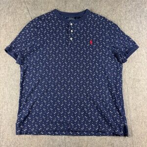 Polo Ralph Lauren Mens Medium Anchor Print Henley Shirt Blue Featherweight Mesh‎